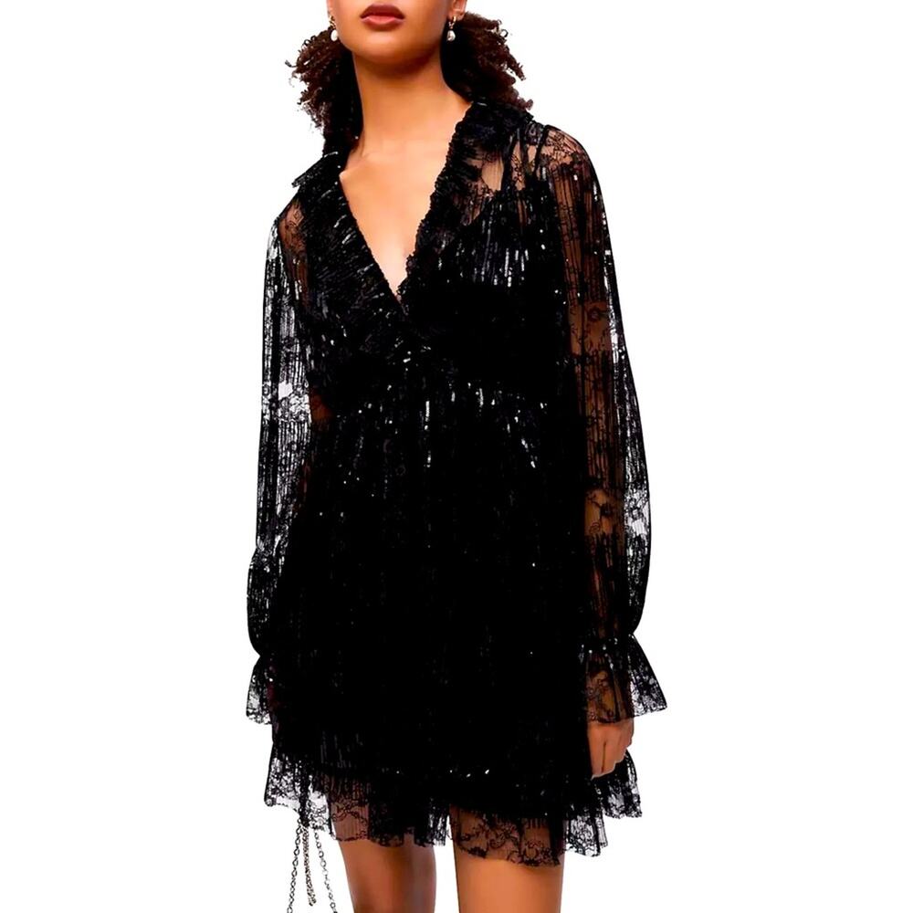 Maje Reville Black Floral Lace Sequin V-Neck Mini Dress Size 36